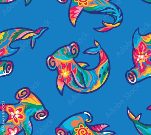 Seamless vector pattern with cute silhouette of hammerhead sharks and flowers ornaments inside 