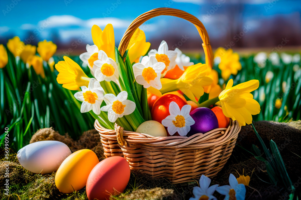 Easter eggs on a beautiful spring day in a basket. Generative AI Easter eggs on a beautiful spring day in a basket. Generative AI