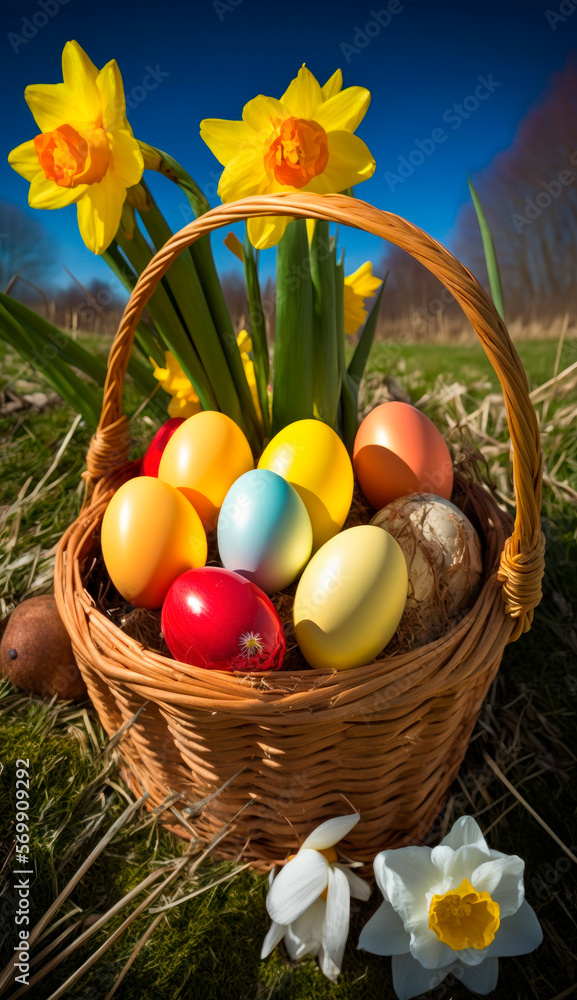 Easter eggs on a beautiful spring day in a basket. Generative AI Easter eggs on a beautiful spring day in a basket. Generative AI