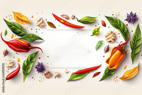 Flying set of colorful spices peppers, chili, garlic, laurel leaf, herbs in the air isolated on white background. Food and cuisine ingredients wide banner, top view, with copy space. Generative AI