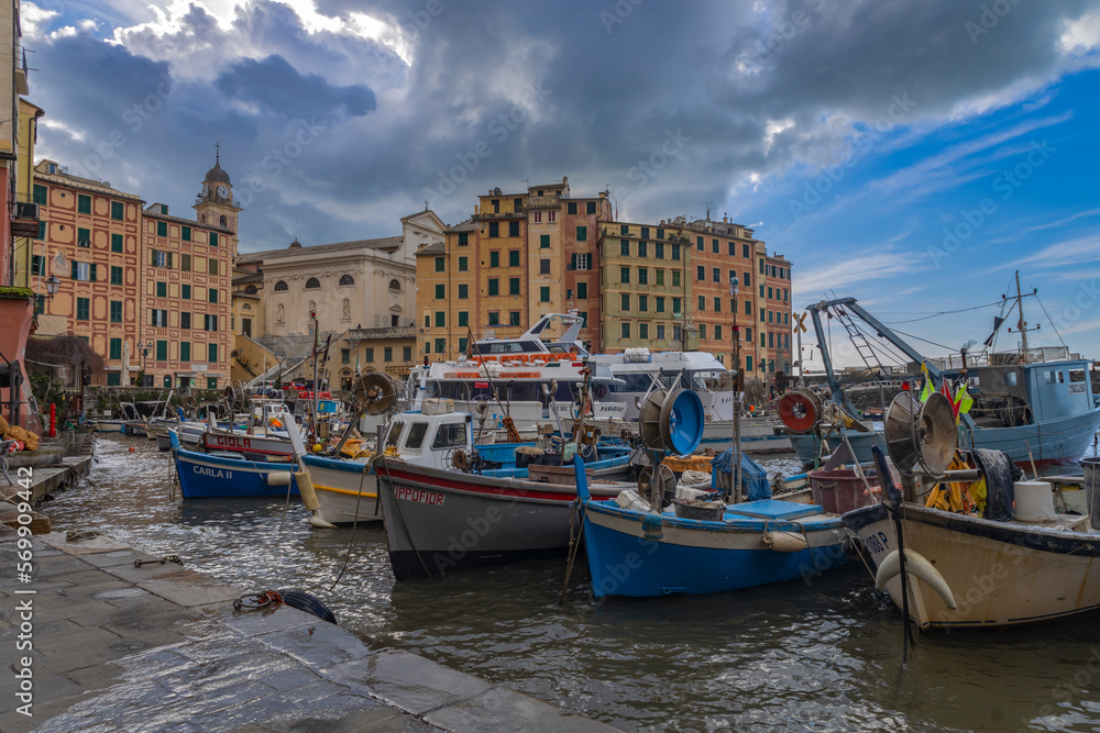 CAMOGLI, ITALY, JANUARY 18, 2023 - View of the marina of Camogli in a cloudy day, Genoa province, Italy.