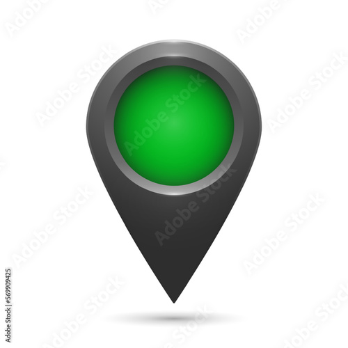 Realistic geolocation map pin code icon. The GPS geolocation tag icon is gray with highlights and a green insert on a white background. Vector illustration.