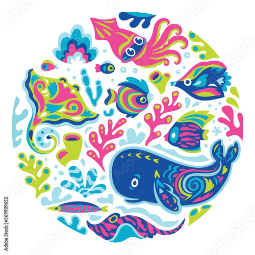 Cute underwater animals with folk ornaments in the white circle.