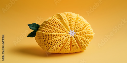 knitted art illustration in the shape of a lemon created using artificial intelligence suitable for photo accessories in cafes  restaurants  places to eat  design elements