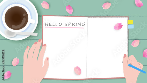 上から見たテーブルの上のコーヒーとノートと何か書く女性の手と桜の花びらのベクターイラストバナー