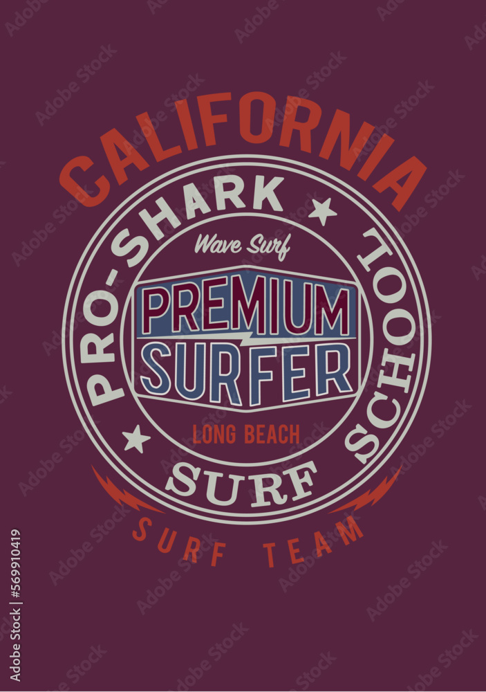 Surf typography, t-shirt graphics, vectors