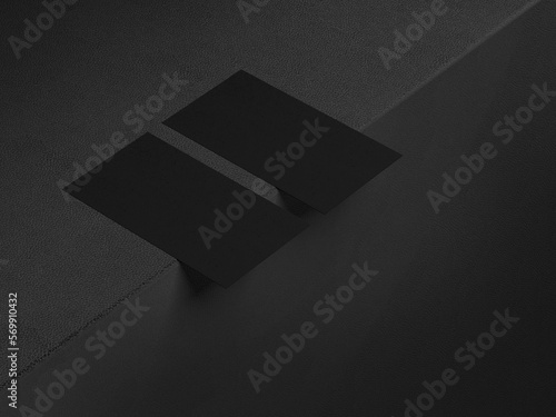 Two Black Business Cards made luxury paper on a dark leather background. Creative minimal Business layout. 3d rendering
