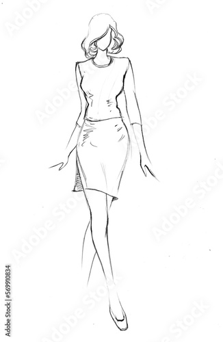 fashion model in a dress pencil drawing for card illustration background