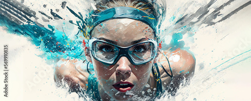 Swimming sport woman swimmer front view blue splash horizontal banner on white illustration with copy space. Generative AI graphic