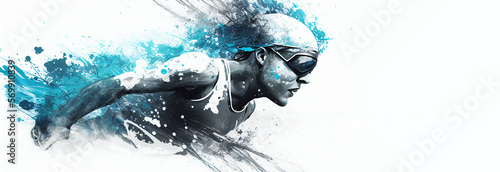 Obraz na plátně Swimming sport woman swimmer blue splash horizontal banner on white illustration with copy space