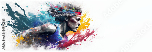 Running athletics sport woman colorful splash horizontal banner on white illustration with copy space. Generative AI graphic