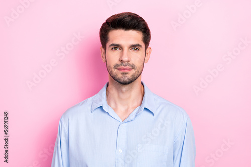 Portrait of serious responsible coach it specialist expert director big international company isolated on pink color background