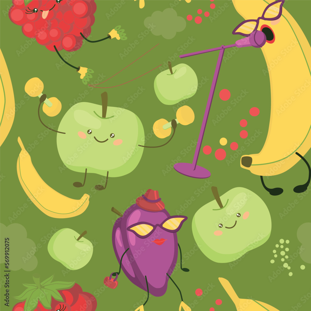 Seamless pattern with funny bananas, plums, apples and raspberries. Carrot jumping rope. Orange jumps with a parachute. Plum beauty goes shopping. Apple trains with dumbbells. Banana singing near the 
