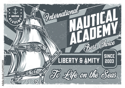 Nautical academy monochrome vintage poster