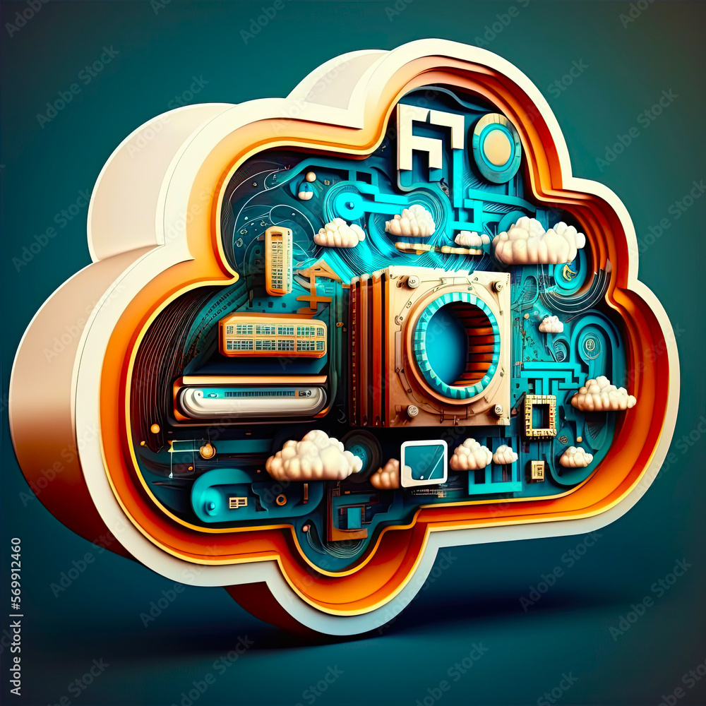3d artificial intelligence illustration of a cloud with technological elements.