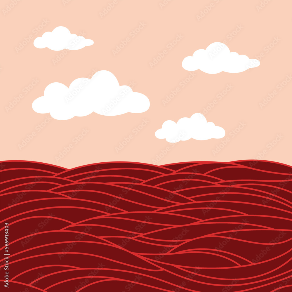 Textured red ocean wave background design with clouds. Flat landscape. Textured red ocean wave background design with clouds. Flat landscape.