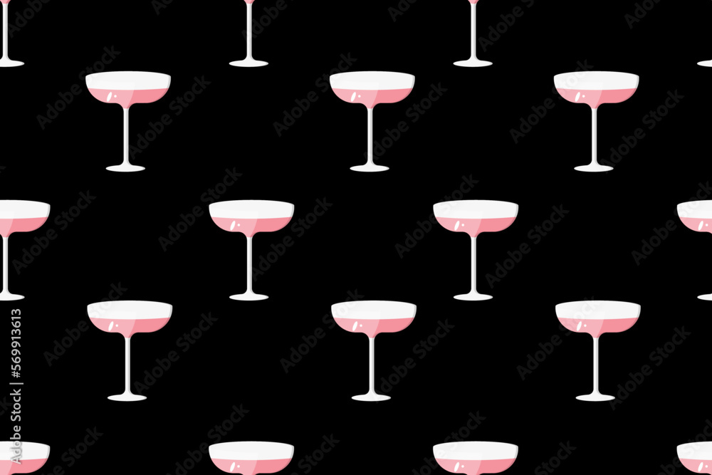 Seamless pattern with glasses of champagne on style black background. Groovy endless background with alcohol cocktail. Wallpaper print with beverage. Website banner for bar or restaurant. Menu cover. Seamless pattern with glasses of champagne on style black background. Groovy endless background with alcohol cocktail. Wallpaper print with beverage. Website banner for bar or restaurant. Menu cover.