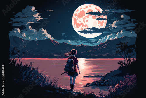 Digital art illustration of a lovely anime girl strolling alone on a lake while admiring the moonlight at night. Generative AI