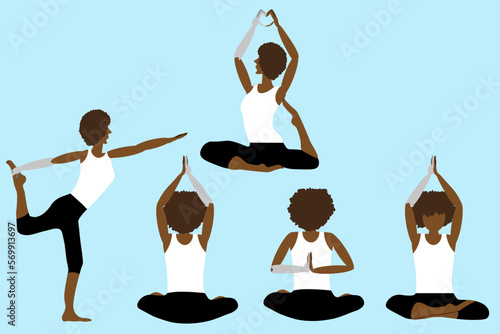 Set with silhouette of a black woman with disabilities sitting in kriya yoga position. Website banner for yoga school with asana.