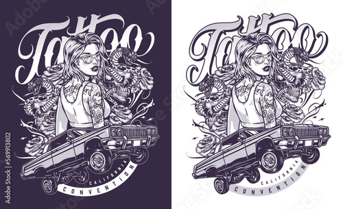 Tattoo girl racer monochrome flyer