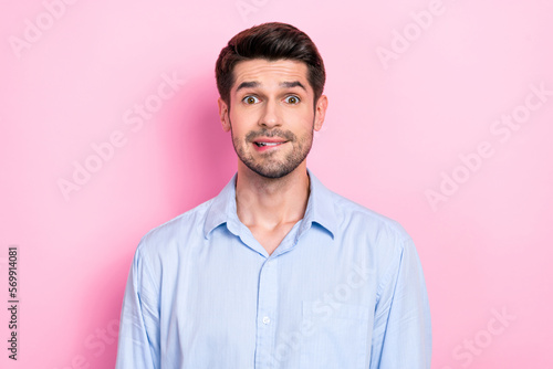 Portrait of stressed depressed man worried bitcoin course fall down can lose money isolated on pink color background © deagreez