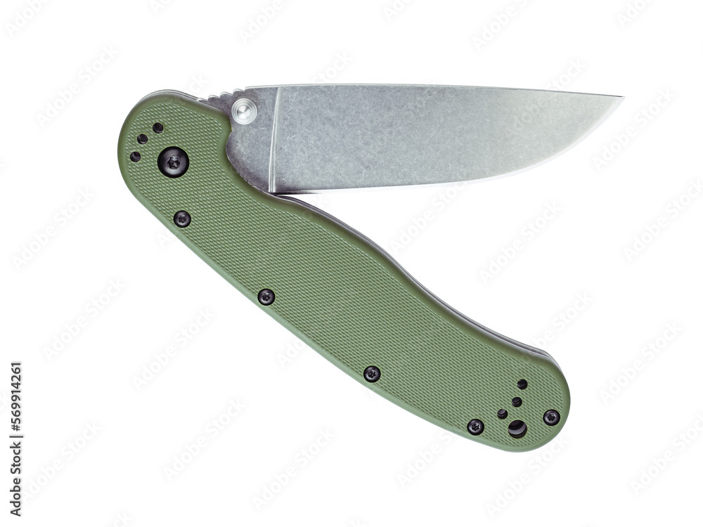 Edc folding knife with stonewash coated blade isolated on transparent background
