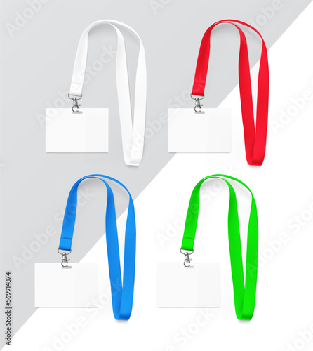 Set of lanyards with id card. Vector illustration isolated on white background. Ready mockup to use for for presentations, conferences and other business situations. EPS10.