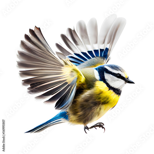 A flying blue tit close-up in portrait, showcasing its stunning blue and yellow feathers. Generative AI photo