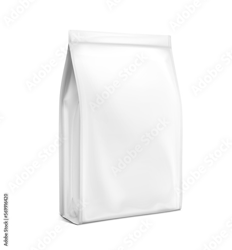 Realistic stand bag mockup. Vector illustration isolated on white background. Half side view. Easy to use for presentation your product, idea, promo, design. EPS10.
