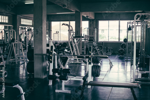 Background of fitness gym with bodybuilding station