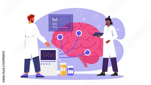 Neurology and study of human brain concept. Moving man and woman doctors or scientists conduct research on brain and neural connections. Diagnosis of mental diseases. Flat graphic animated cartoon