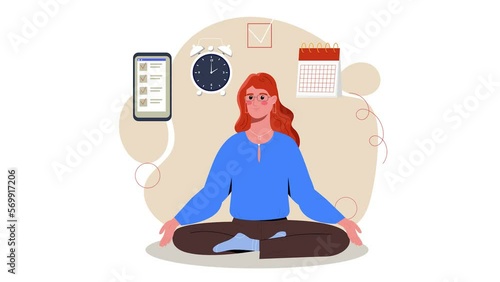 Self discipline video concept. Young Moving girl effectively completes projects and tasks. Self organization, planning and productive work. Employee manages time. Flat graphic animated cartoon