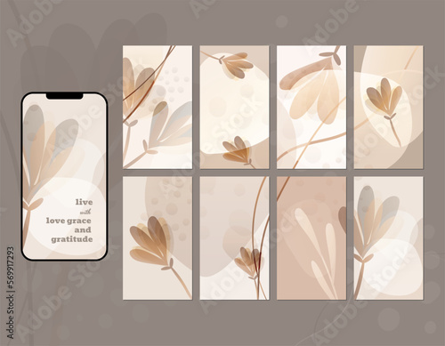 Social media story layout in shades of grey, beige and tan. Abstract shapes, spots, lines, checkered pattern. Place for icons, messages, text placement.