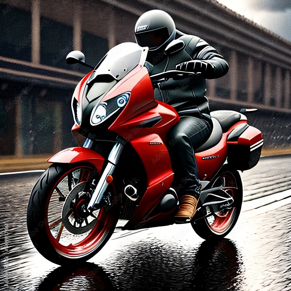 Generative Ai illustration of motorbike riding in the city during raining.
