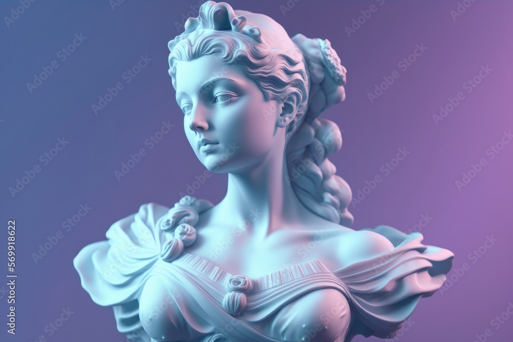 Sculpture of an abstract greek deity, done in the  pastel background colors. Generative AI.