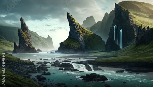  a fantasy scene with a waterfall and a waterfall in the middle of a mountain valley with a waterfall in the middle of the valley and a waterfall in the middle of the valley. generative ai