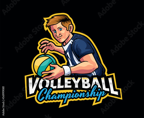 Volleyball Mascot Logo Design. Champion Volleyball Player Mascot Illustration, Athletic Volleyball Win with Precision and Strength