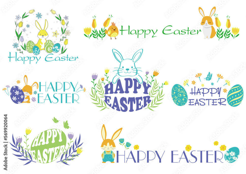 Fototapeta premium Happy Easter Vector Colorful Symbol Logo Set Isolated On A White Background. 