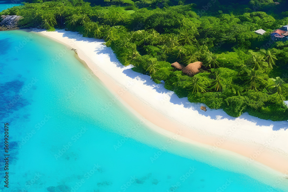 Beautiful Relaxing Tropical Island Beach With Crystal Clear Ocean And Green Plants Along The Shoreline created with generative AI technology