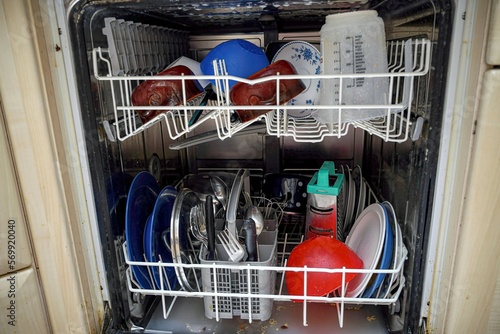 Clean dishes in the dishwasher after washing.