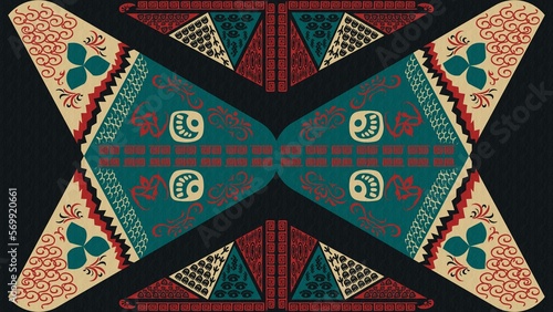 Dark symmetric folk art background, illustration, wallpaper, vintage, antique, ancient, old, traditional, culture, 