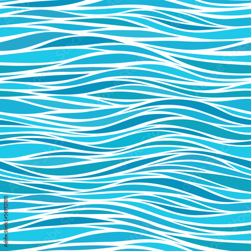 Seamless beautiful waves. Vector blue marine pattern. Stylized design