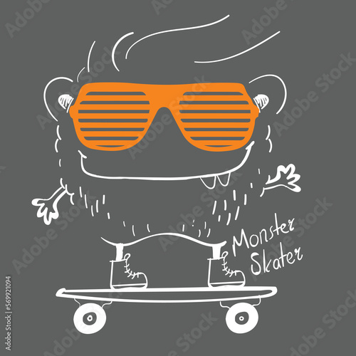 Cute cartoon hand drawn monster. Vector illustration with character silhouette monster. monster sketch on skateboard 