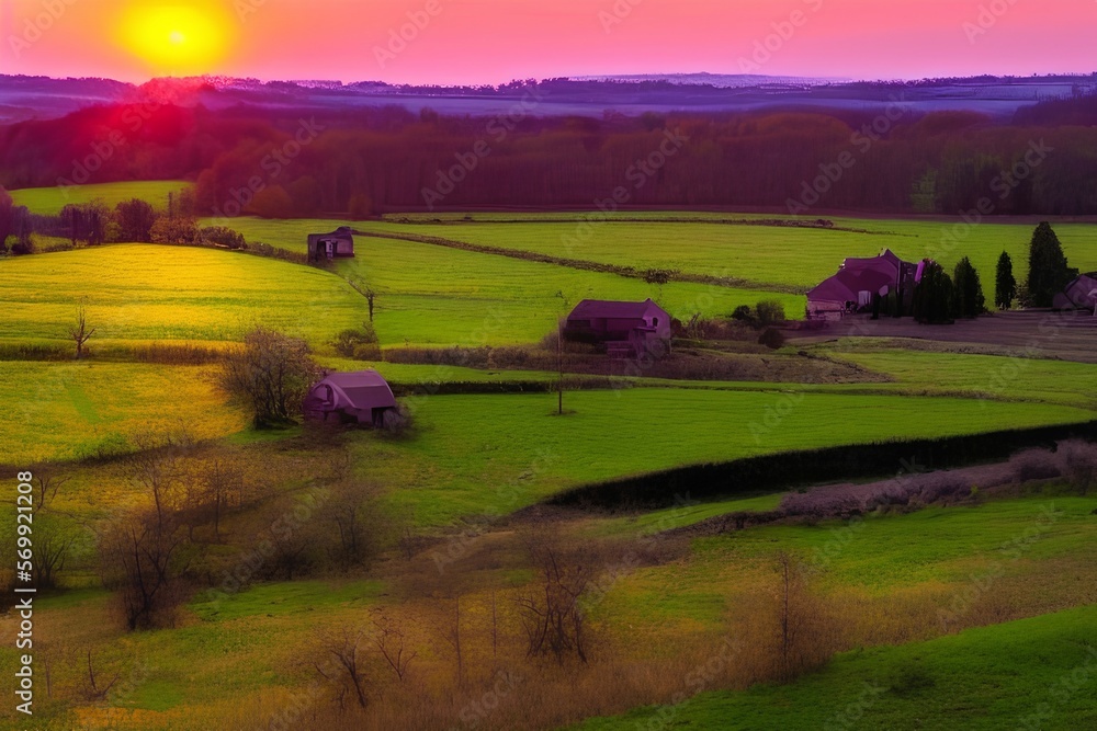 Landscape in the country at sunset. Spring rural landscape, sunset over the village - generative ai