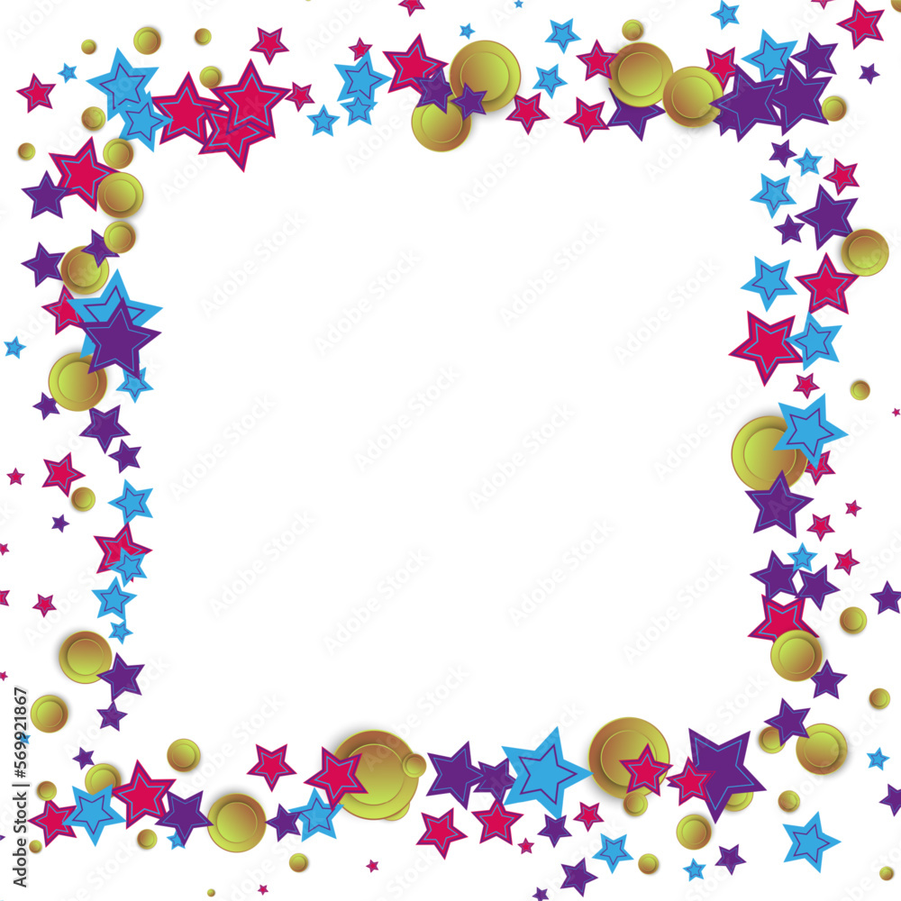 White vector background with stars and circles in blue and lilac, pink and yellow colors