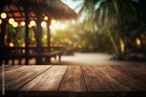 Tropical beach bar blurred  wooden table. Generative AI