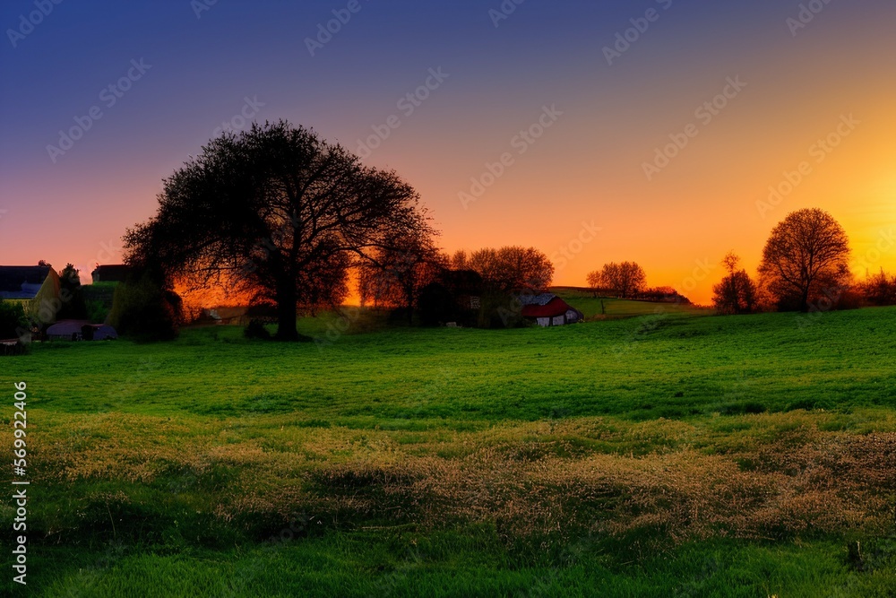 Landscape in the country at sunset. Spring rural landscape, sunset over the village - generative ai