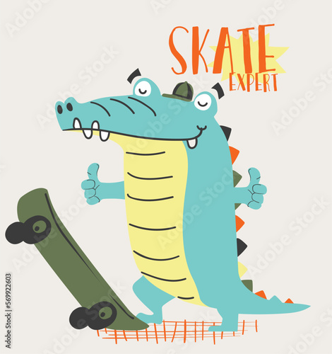 Cute cartoon hand drawn crocodile. Vector illustration with character silhouette alligator. Crocodile on skateboard 