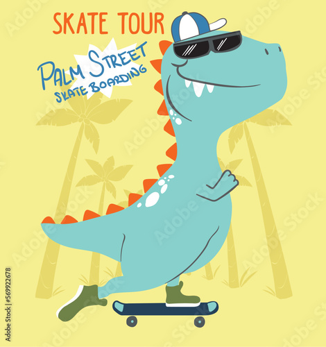 Cute dinosaur rides on skateboard. Tyrannosaur skateboarder 