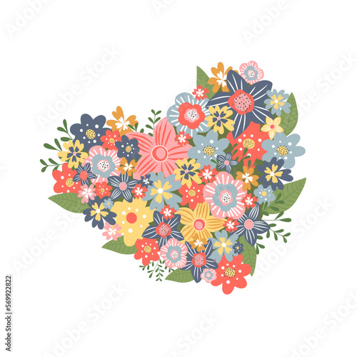 Vector illustration of a heart made of multicolored flowers on a white background. The illustration is suitable for greeting cards, stickers, clothing prints and covers.